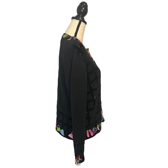 Just B Heavily Beaded Cardigan Sweater L Black Appliqué Purses Shoes Fashion - Picture 3 of 6